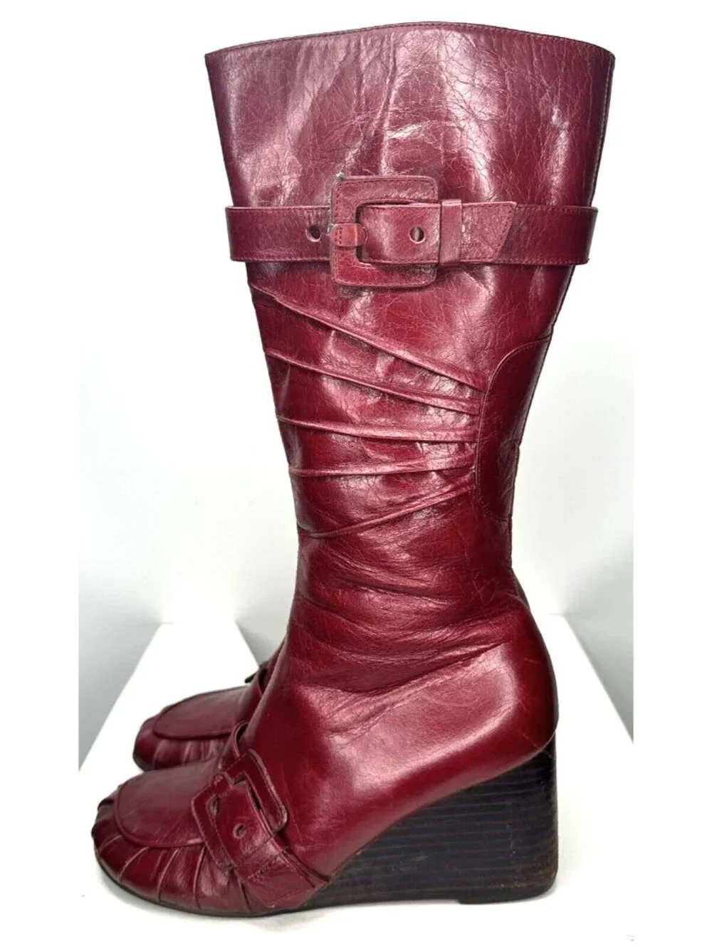 Miz Mooz Broadway Red Leather Knee High Wedge Boots Womens 6 Zip Boho Witchy - Picture 3 of 13
